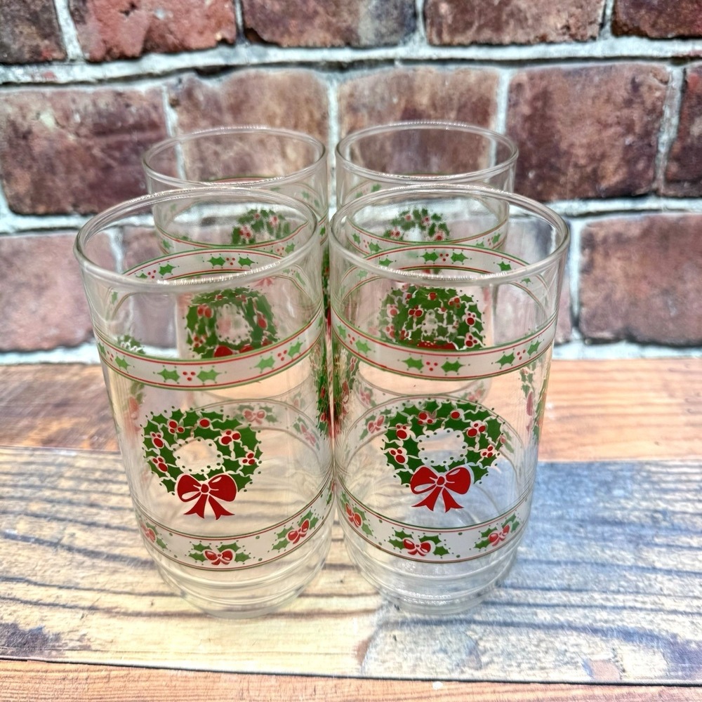 4 Indiana Glass Victorian Christmas Tumblers Glasses Holly Wreaths Set MCM Vtg
